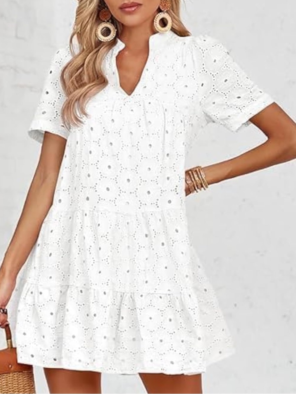 White Eyelet Tiered Short Sleeve Dress - NWOT- Size M
